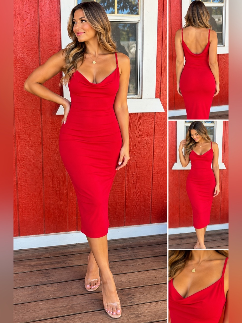 Forever 21 Red Cowl Neck Bodycon Midi Dress Spaghetti Straps